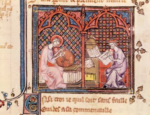 Ms 1044 Fol.16v Sana, maailman luoja ja kirjaansa kirjoittava kirjailija, Ovide Moralisesta kirjoittanut Chretien Legouais tekijältä French School