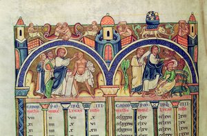 Ms 10 f.128v Evankelistien kaanon, yksityiskohta, jossa Kristus parantaa miehen, jolla on vesivamma ja ajaa ulos riivatun miehen demoneita, latinalaisesta Raamatusta tekijältä French School