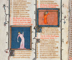 Ms 1126 Didon itsemurha miekalla ja Phyllisin itsemurha hirttämällä, Guillaume de Lorisin ja Jean de Meungin Le Roman de la Rosesta, n. 1360-70 tekijältä French School