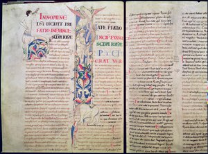 Ms 1215 t.4 f.56v Historioitu alkukirjain H, joka kuvaa kentauria ja historioitu alkukirjain I, joka kuvaa Pyhän Johanneksen kotkaa vaimentamassa harhaoppista Ariusta, Pyhän Johanneksen evankeliumista, Pyhän Etienne Harin Raamatusta tekijältä French School