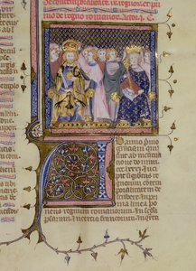 Ms 13. fol 232 Ludvig IX:n (121415-70) ja luultavasti Fredrik II:n (1194-1250) kruunaus Pierre Lombardin psalterista, 1400-luvun alku tekijältä French School