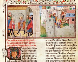 Ms 149 t.1 fol.16 Sopimus ja linnan rakentaminen, Histoire des Nobles Princes de Hainaut, Jacques de Guise tekijältä French School