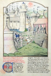 Ms 1560: Godfrey de Bouillon ja ristiretkeläiset valtasivat Jerusalemin vuonna 1099 ensimmäisen ristiretken aikana, miniatyyri Fleur des Histoiresista tekijältä French School