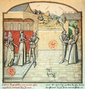 Ms 1560 Griseldis ja hänen miehensä Marquis de Saluces, kuvitus "Fleur des Histoires" -kirjasta, Giovanni Boccaccion (vellum) mukaan tekijältä French School