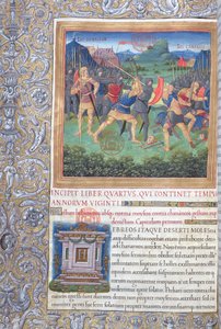 Ms. 1581 f. 071 Kuvitus kirjasta IV (Sen sukupolven hylkäämisestä Mooseksen kuolemaan), Flavius Josephuksen juutalaisten antiikin (Antiquitates Judaicae) luvusta 1 - Taistelu tekijältä French School
