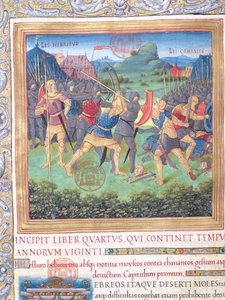 Ms. 1581 f. 071 Kuvitus kirjasta IV (Sen sukupolven hylkäämisestä Mooseksen kuolemaan), Flavius Josephuksen juutalaisten antiikin (Antiquitates Judaicae) luvusta 1 - Taistelu tekijältä French School