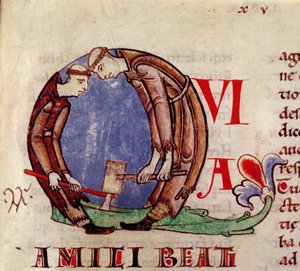 Ms 170 fol.59 Historioitu alkukirjain Q, joka kuvaa munkkeja puuta pilkkomassa, Moralia in Job, paavi Gregorius Suuren tekijältä French School