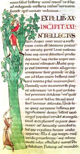 Ms 173 f.41 Historioitu alkukirjain I, joka kuvaa munkkia ja maallikkoa hakkaamassa ja karsimassa puuta. Paavi Gregorius Suuren Moralia in Job tekijältä French School