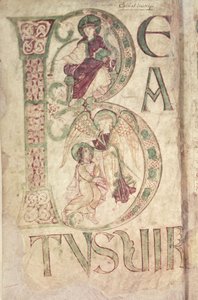 Ms 18 f.1v Historioitu alkukirjain B, joka kuvaa Pyhää Johannesta evankelistaa ja enkeliä Corbie-psalterista tekijältä French School
