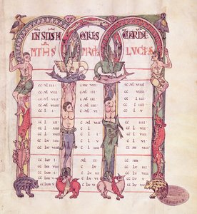 Ms. 1 Evankelistien Canon-pöydät, jotka on koristeltu fantastisilla eläimillä, Saint-Michel-de-Cuxan evankeliumista, n. 1070-1130 tekijältä French School
