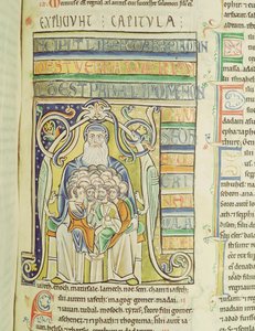 Ms 1 f.256 Historioitu kirjain A, joka kuvaa sukupolvia Abrahamin helmassa, Souvignyn Raamatusta tekijältä French School