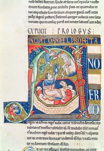 Ms 1 fol.185v Historioitu alkukirjain A, joka kuvaa Danielia Lions luolassa, Souvignyn Raamatusta tekijältä French School