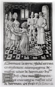 Ms. 1 fol. 6 v. Isabella Ranskasta, Englannin kuningatar, jättää Hainaut
