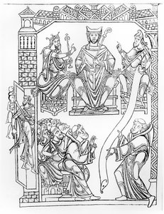 Ms 210 fol 19v. Mont Saint-Michelin kartulaari: Normandian herttua Richard II lahjoittaa maa-alueita ja etuoikeuksia Mont St. Michelin luostarille (kaiverrus 1150-luvun piirustuksen jälkeen) tekijältä French School