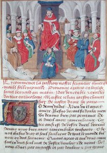 Ms 230 fol.1 Jean de Gerson (1363-1429) saarnaa Passion aamulla Pyhän Bernardin kirkossa Pariisissa, Sermons sur la Passion et Traites Diversista, n. 1480 tekijältä French School