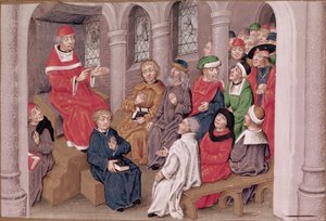 Ms 230 fol.25 Jean de Gerson (1363-1429) saarnaa kärsimystä päivällisen jälkeen Pyhän Bernardin kirkossa, Pariisissa, Sermons sur la Passion et Traites Diversista, n. 1480 tekijältä French School