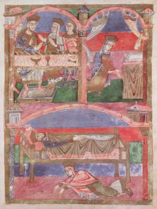 Ms 250 f.24r St. Radegund (518-87) Clothar I:n (497-561) pöydässä, puheessaan ja kuninkaallisen sängyn jaloissa, St. Radegundin elämästä tekijältä French School