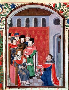 Ms 3045 fol.1 Jean de Meung (1240-1305) tarjoaa käännöstään Philippe le Belille (1268-1314) teoksesta The Consolation of Philosophy by Boethius tekijältä French School