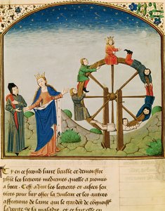Ms 3045 fol.22v Boethius onnenpyörän kanssa, teoksesta Filosofian lohdutus, kääntänyt Jean de Meung tekijältä French School