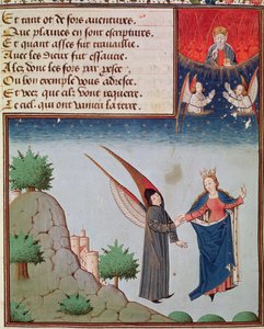 Ms 3045 fol.94r Lady Philosophy johdattaa Boethiuksen lentämään taivaalle siivillä, jotka hän on antanut hänelle; Isä Jumala katsoo siunauksena tekijältä French School