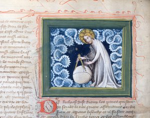 Ms 313 Jumala luo maailman, pienoiskuva Raamatusta des Grands Augustins, 1494