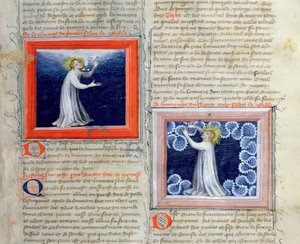 Ms 313 Jumala, joka erottaa valon pimeydestä (vasemmalla) ja luo taivaanvahvuuden (oikealla), Bible des Grands Augustins, 1494