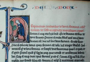 Ms 3458 Historioitu alkukirjain "H", joka kuvaa miestä kaivamassa, Aristoteleen (384-322 eKr.) "Fysiikasta" (kynä, muste ja tempera perunakalvolla) tekijältä French School