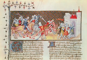Ms 3479 t.1 fol.558 Ritaritaistelukohtaus, Livre de Messire Lancelot du Lac tekijältä French School