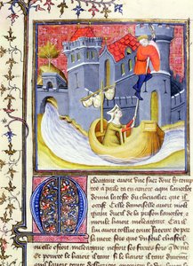 Ms 3480 ritari pakenee linnasta naisen avulla, Livre de Messire Lancelot du Lacista tekijältä French School
