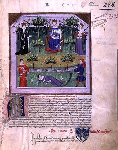 Ms 3522 fol.1 Tekijä, joka teeskentelee nukkuvansa, todistaa ritarin ja piispan välistä kiistaa somnium Viridariista (Le Songe du Vergier), joka on sävelletty vuonna 1376 Kaarle V:n (1338-80) käskystä (vellum). ) tekijältä French School