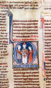 Ms 365 fol.318v Historioitu alkukirjain D, joka kuvaa avioliittoa, Gregory IX:n asetuksista tekijältä French School