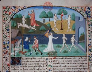 Ms 3878 Eevan luominen, Aatamin ja Eevan kiusaaminen ja karkottaminen, Giovanni Boccaccion (1313-75) teoksesta "Des cases des nobles hommes et femmes" (pergamentti). tekijältä French School
