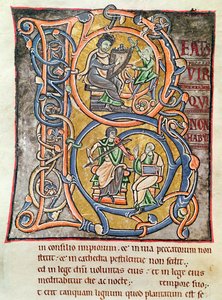 Ms 3 fol.255 Historioitu alkukirjain "B", joka kuvaa kuningas Daavidia, "Bible de Saint-Sulpice de Bourges" tekijältä French School