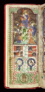 Ms 40-1950, f.7v: omistussivu John Talbotin tuntikirjasta, n. 1424 tekijältä French School