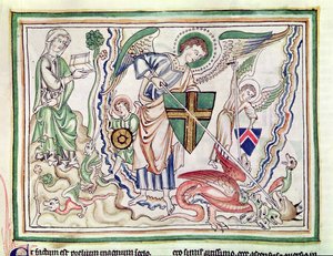 Ms 422 fol.47v St. Michael tappamassa lohikäärmettä, Apokalypsista tekijältä French School