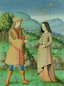 Ms 493 fol.123v Aeneaksen ja Annen, Didon sisaren, tapaaminen Aeneis-sarjasta Serviuksen kommentilla, 1469 tekijältä French School