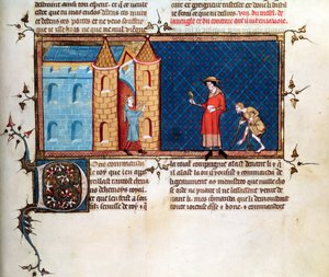 Ms 5080 fol.373r Kaksi spitaalista kerjäämässä, Le Miroir Historialista, Vincent de Beauvais tekijältä French School