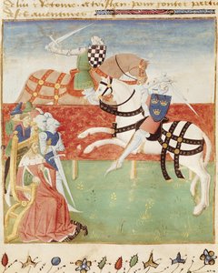 Ms 527 fol.40v Kahden ritarin yhteenotto kuninkaan edessä, Roman du Saint Graal tekijältä French School