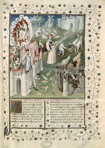 Ms 55 t.2 fol.3 Jumalan kaupunki, Caenin kaupunki ja paheiden kaupunki Pyhän Augustinuksen Hippolaisen (354-430) La Cite de Dieusta kääntänyt Raoul de Preles (1316-82) tekijältä French School