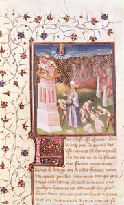 Ms 55 t f.111v Nimrod, joka valvoo Baabelin tornin rakentamista, St. Augustinuksen teoksesta La Cite de Dieu, kääntänyt Raoul de Presles (1316-82) n. 1400-50 tekijältä French School
