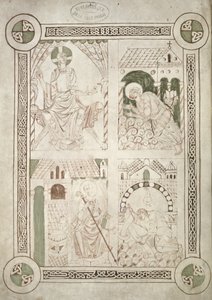 Ms 616 f.1v Pyhä Augustinus Kristuksen ja kirjanoppijan jaloissa Alardus tarjoaa kirjansa St. Vaastiin, Pyhän Augustinuksen Confessionsin etukappale tekijältä French School
