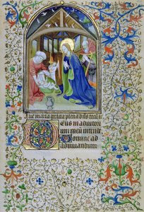 Ms 66 f.44r Neitsyt ja Joosef palvovat vastasyntynyttä Kristusta Tuntien kirjasta, Amiens tekijältä French School