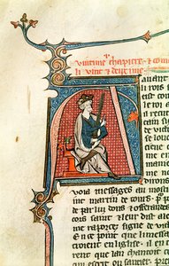 Ms 682 fol.17v Historioitu alkukirjain A, joka esittää istuvaa kuningasta pitelemässä kaksiteräistä miekkaa tekijältä French School