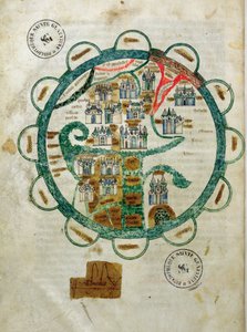 Ms 782 fol.16v. Maailmankartta maapallon muodossa, pienoismalli Grandes Chroniques de Philippe le Hardista