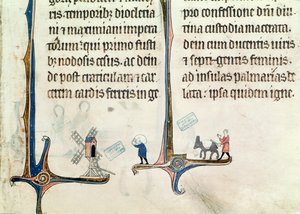 Ms 838 fol.55 Mies ajamassa aasillaan vehnäsäkkejä tuulimyllyyn, Obituaire de Notre Dame de Presistä, vuoden 1270 jälkeen tekijältä French School