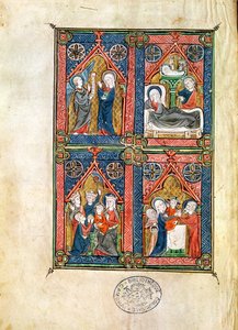 Ms 87 fol.16 Ilmoitus, syntymä, tietäjien palvonta ja puhdistautuminen, Mahaut dArtoisin tunteista tekijältä French School