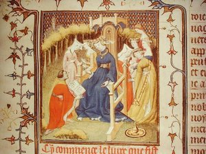 rouva Fr 12420 Tekijä esittelee teoksensa naisryhmälle, Giovanni Boccaccion (1313-75) De Claris Mulieribusista (vellum) tekijältä French School