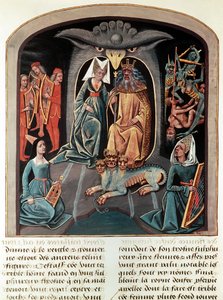 Ms Fr. 143 f.136v Haades ja Persefone istuvat manalassa kotkanpään muotoisella valtaistuimella, ja heidän edessään on Cerberus (pergamentti). tekijältä French School