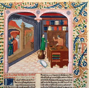 Ms Fr 218 fol.111 Potilas sängyssään ja apteekki valmistamassa lääkettä, Barthelemy lAnglaisin Le Livre des Proprietes des Chosesista tekijältä French School