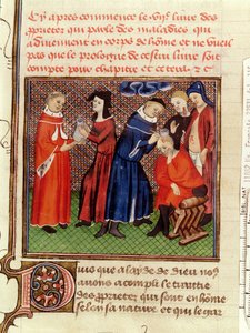 Ms Fr 22531 Fol.115 Virtsan tutkimus ja haavojen paraneminen, Barthelemy lAnglaisin teoksesta Le Livre des Proprietes des Choses, n. 1410-1515 tekijältä French School